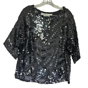 Oleg Cassini Womens Medium Silk Vintage 80s Sequins Beaded Black Tie Top Disco